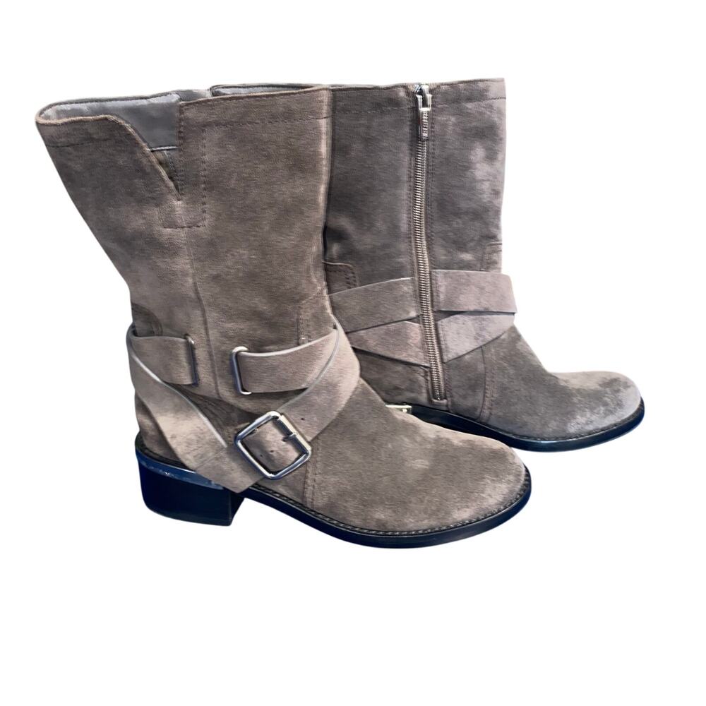 Vince Camuto Suede Moto Biker Boots Women’s 6M Gray Buckle Strap‎ Block Heel